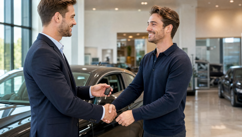 Car buyer's agent handing keys to a happy customer at a modern dealership showroom