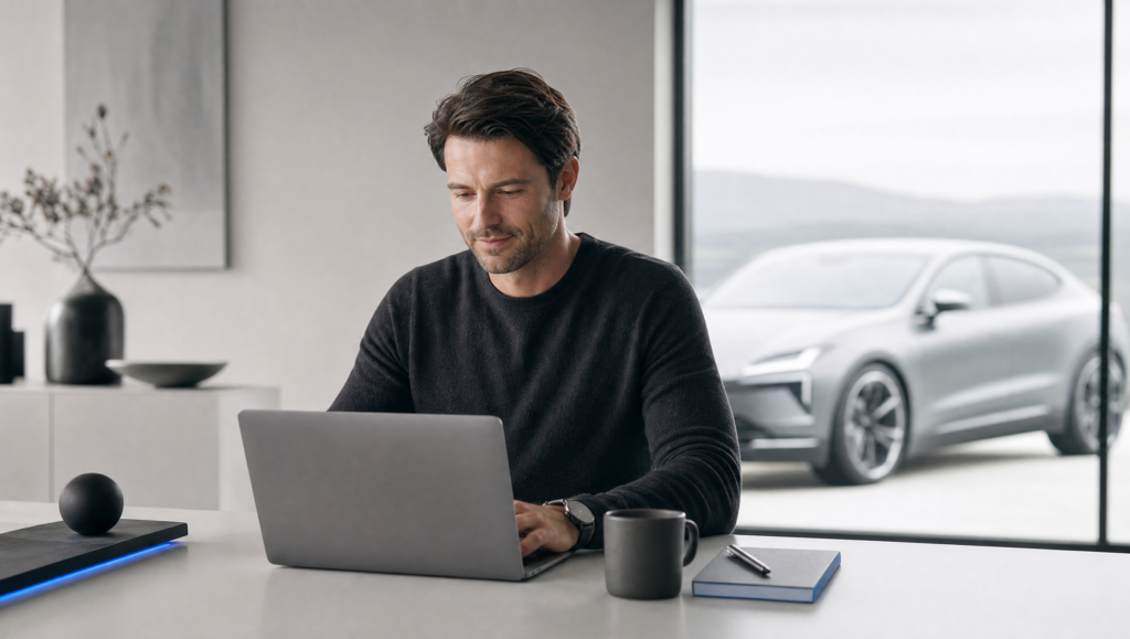 Car buying advocate reviewing an auto broker car deal on a laptop in a minimalist room