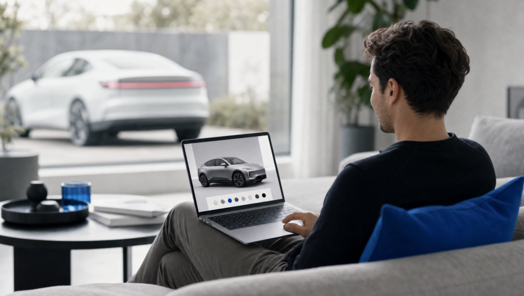 Person buying a car without going to the dealership on a laptop at home